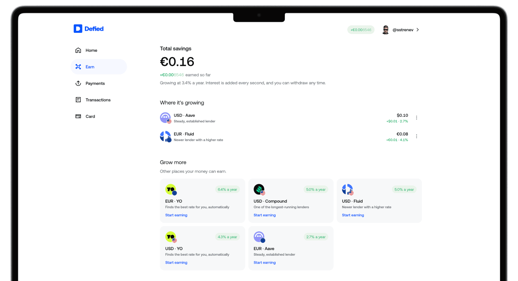 The Defied Money app in a browser