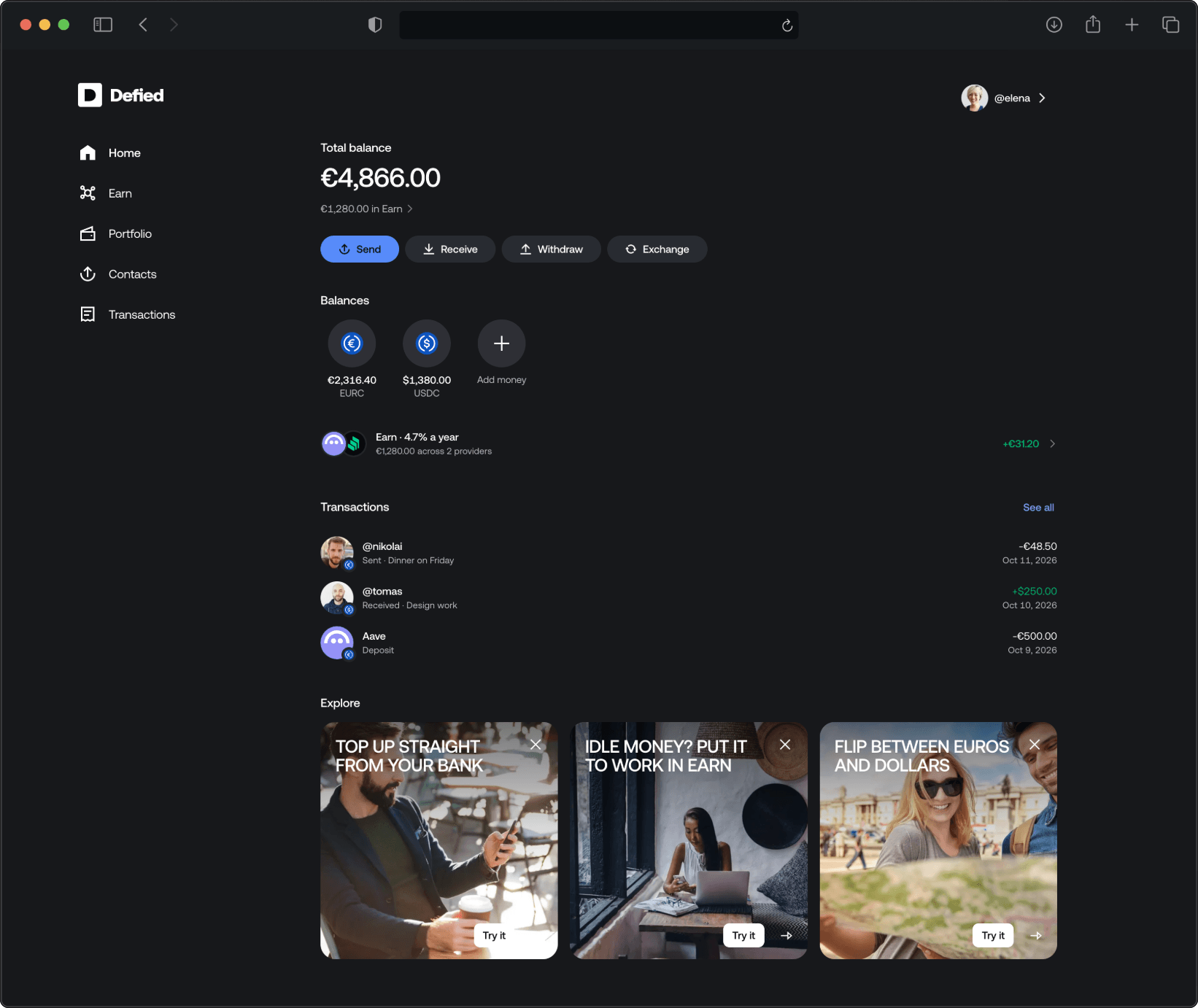 The Defied Money web app home screen in a browser window: the total balance with the amount in Earn, the Send, Receive, Withdraw and Exchange actions, the EURC and USDC balances, and the Earn row with the balance deposited across providers