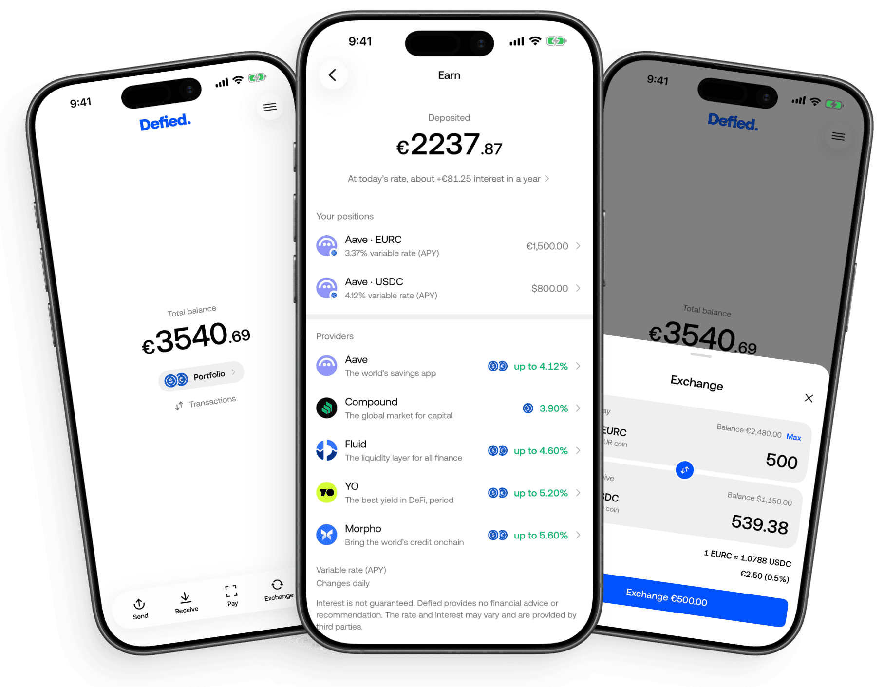 Three screens of the Defied Money app: the home screen with the total balance and the Send, Receive, Pay and Exchange actions, the Earn screen with deposits in Aave, Compound, Fluid, YO and Morpho, and the Exchange sheet swapping EURC for USDC